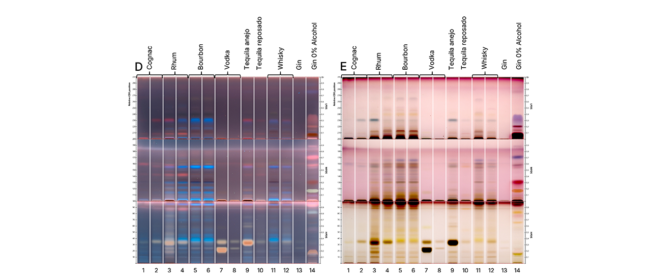 HPTLC fingerprints of tested spirit samples in UV 366 nm (D), and white light (E) after derivatization 