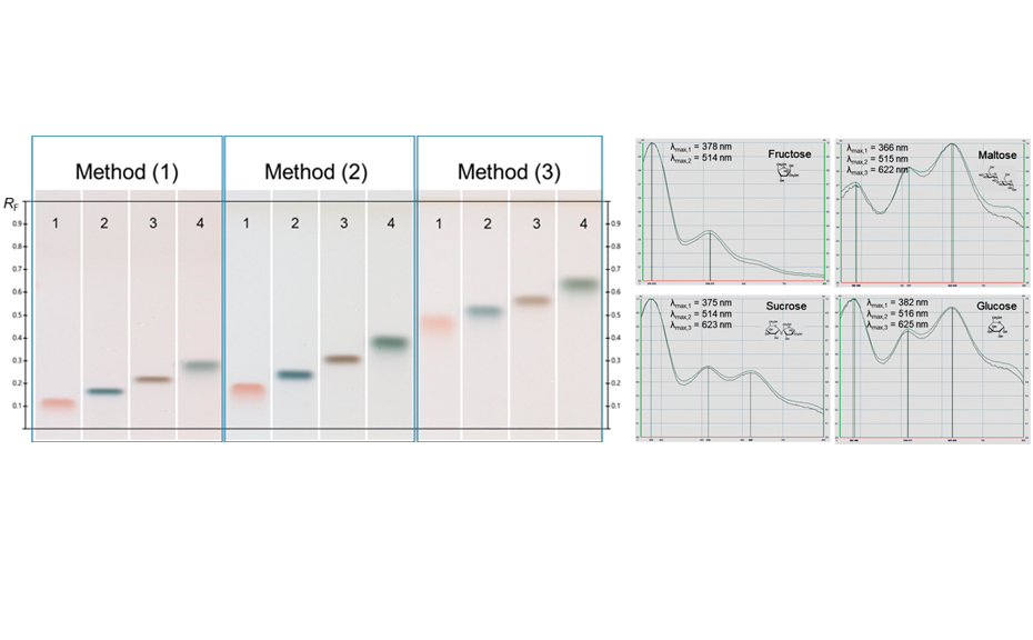 HPTLC chromatograms at white light after derivatization with ADPA reagent: tracks 1–4 standards fructose, maltose, sucrose, and glucose with increasing RF; UV/Vis spectra from 350–800 nm (recorded on the plate obtained with method (3))