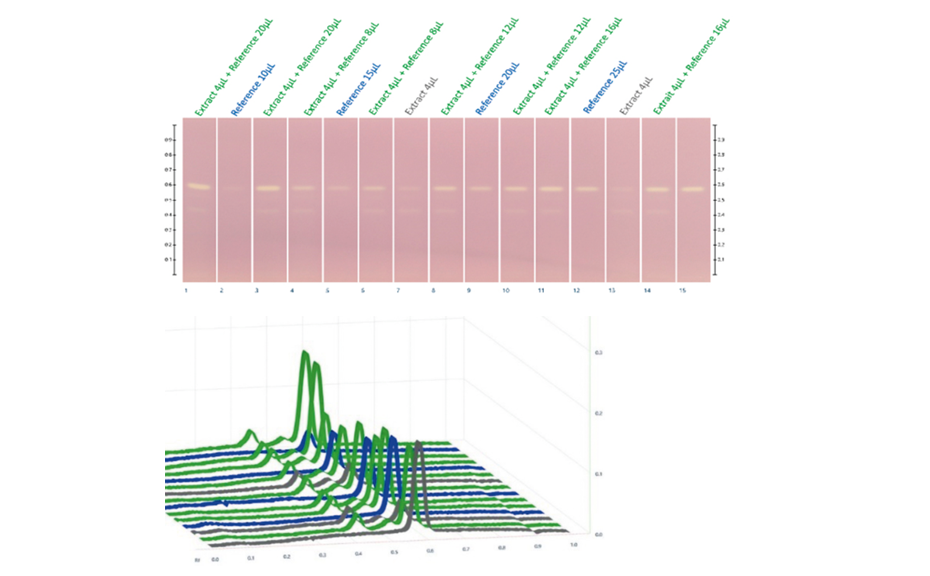 Figure 3: HPTLC chromatogram in white light and densitograms measured in fluorescence mode at 517 nm with a tungsten lamp after DPPH* assay of standards and plantain leaf extract