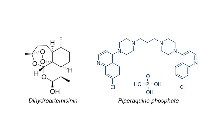 Chemical structures of dihydroartemisinin and piperaquine phosphate

