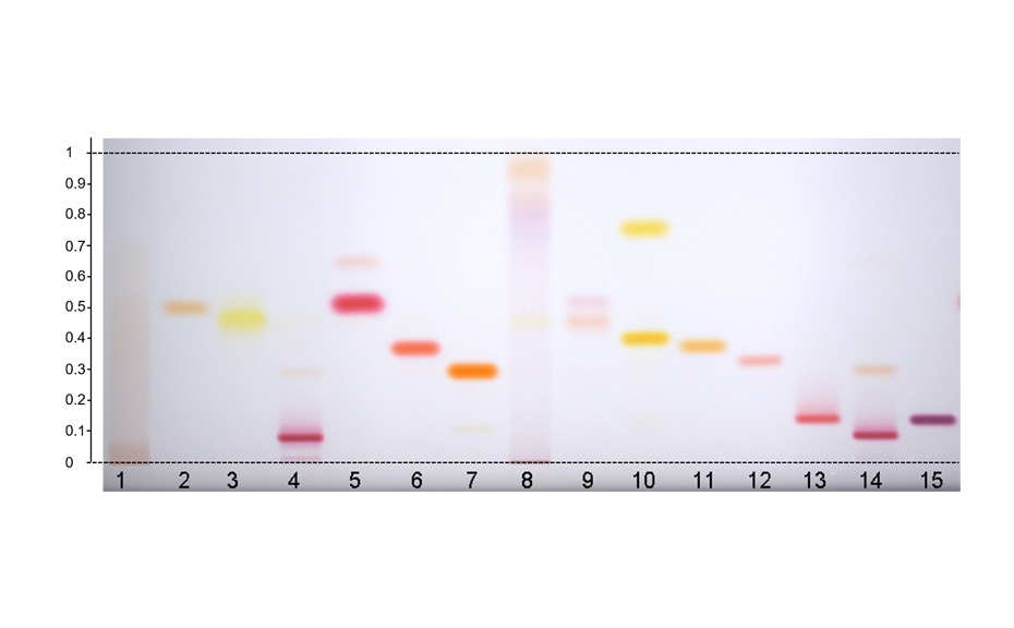 HPTLC chromatograms of illegal dyes in white light after derivatization