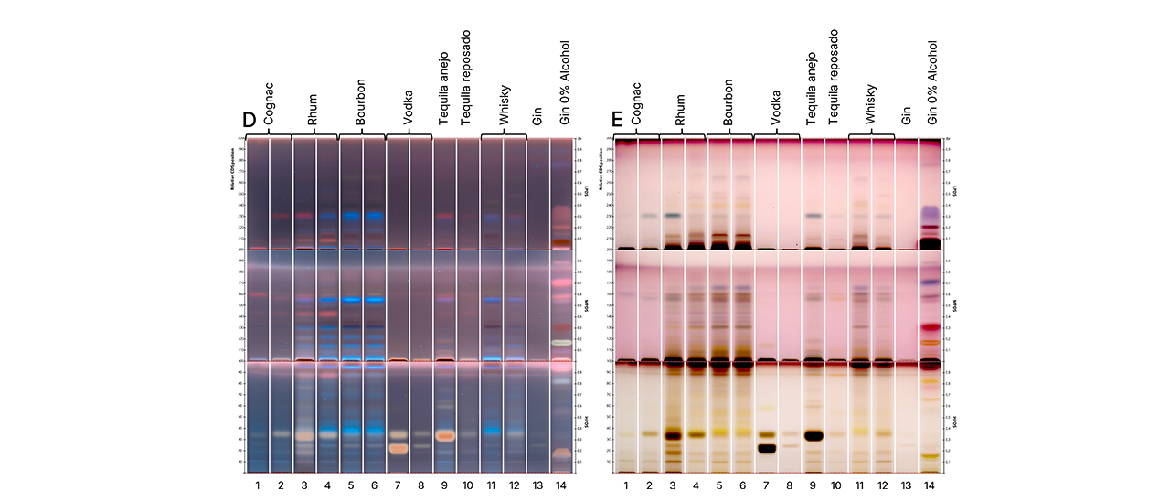 HPTLC fingerprints of tested spirit samples in UV 366 nm (D), and white light (E) after derivatization 